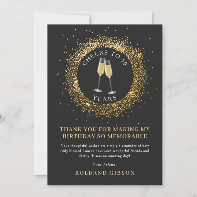Elegant Cheers Black and Gold Birthday Thank You (Front)