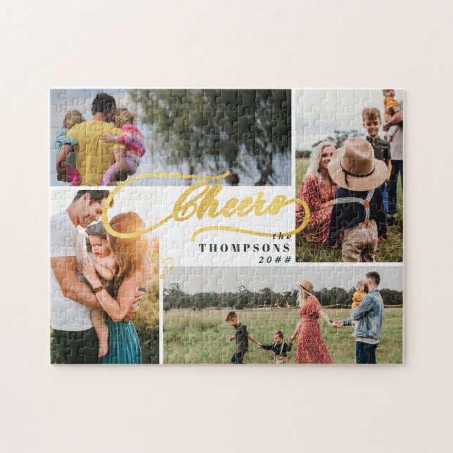 Elegant Cheers Gold Christmas 4 Photo Collage Jigsaw Puzzle (Horizontal)