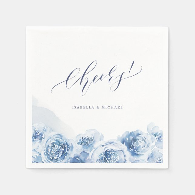 Elegant cheers script blue watercolor floral napkins (Front)