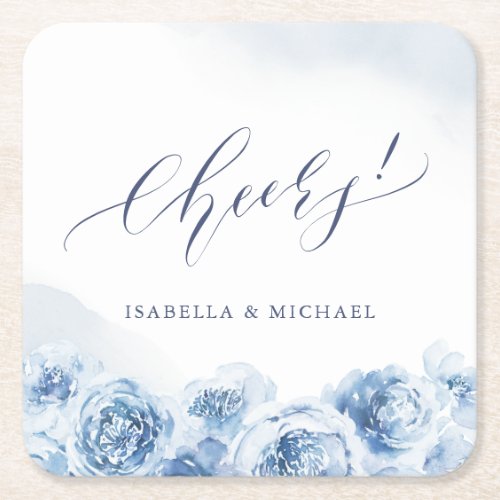 Elegant cheers script dusty blue floral wedding square paper coaster