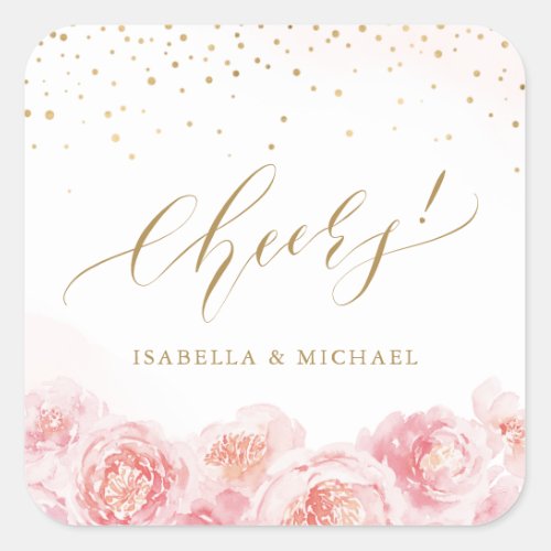 Elegant cheers script gold  blush floral favor square sticker