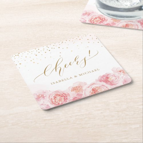 Elegant cheers script gold  blush floral wedding square paper coaster