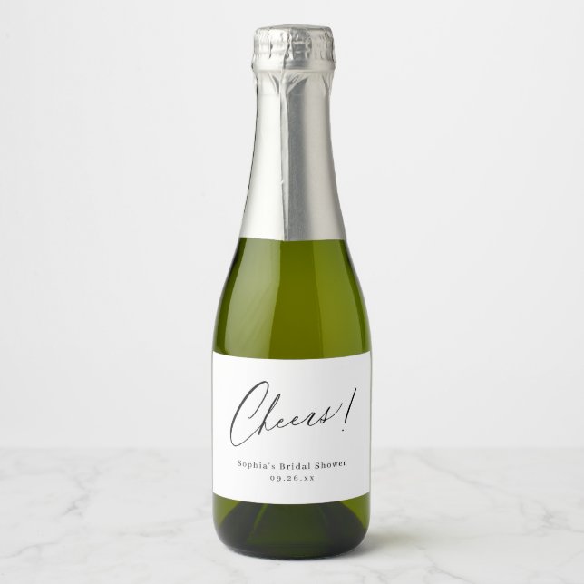 Elegant cheers script minimalist bridal shower sparkling wine label (Front)