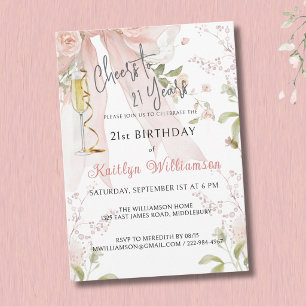 Elegant Cheers to 21 Years Pink Bow Floral  Invitation