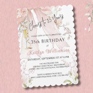 *Elegant Cheers to 35 Years Pink Bow Floral   Invitation