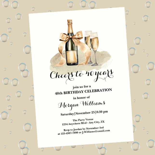 Elegant Cheers to 40 Years Champagne 40th Birthday Invitation | Zazzle