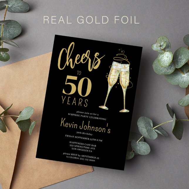 Elegant cheers to 50 years 50th birthday party foil invitation (Creator Uploaded)