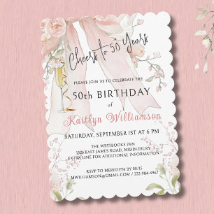 Elegant Cheers to 50 Years Pink Bow Floral Invitation