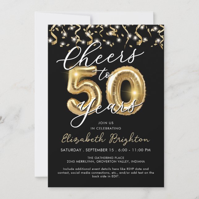 Elegant Cheers to 50 Years Script Balloon Confetti Invitation (Front)