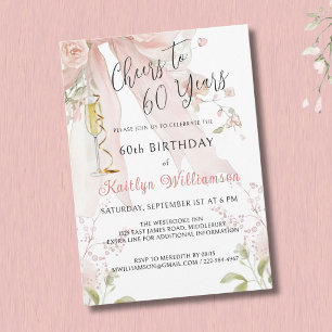 Elegant Cheers to 60 Years Pink Bow Floral Invitation