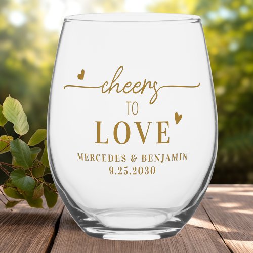 Elegant Cheers To Love Custom Gold Hearts Wedding  Stemless Wine Glass
