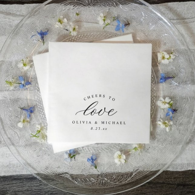 Elegant Cheers to Love Old Money Classic Wedding Napkins (Black and white wedding cocktail napkins with cheers to love in elegant calligraphy)