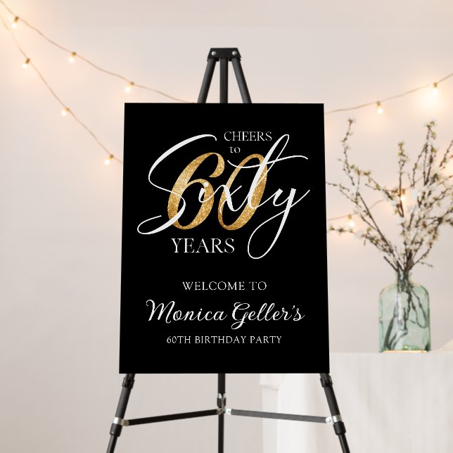 Elegant Cheers to Sixty | 60th Black Gold Birthday Foam Board (In Situ (Stand))