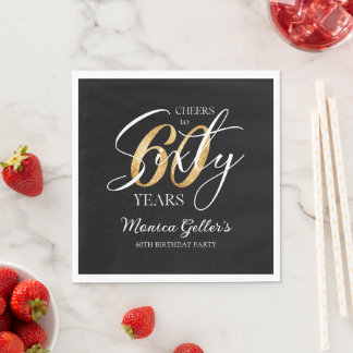 Elegant Cheers to Sixty | 60th Black Gold Birthday Napkins