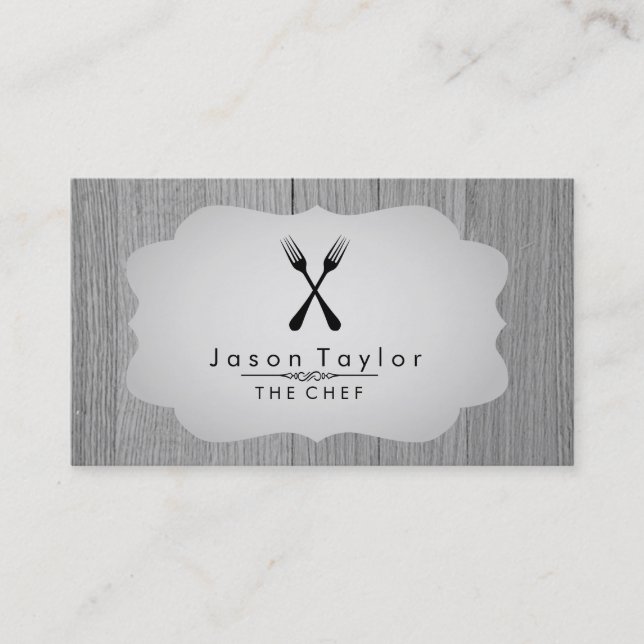 Elegant Chef Catering Retro Cross Fork Wood Gray Business Card (Front)
