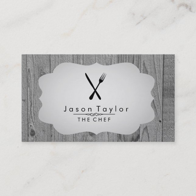 Elegant Chef Catering Retro Knife Fork Wood Gray Business Card (Front)