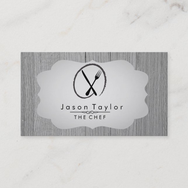Elegant Chef Catering Retro Knife Fork Wood Gray Business Card (Front)