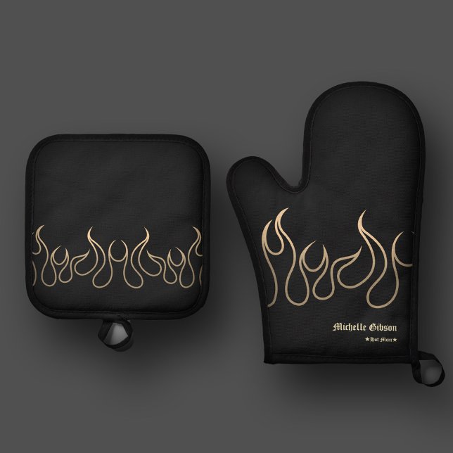 Elegant Chef Mom Flame Fire Black Gold Kitchen Oven Mitt & Pot Holder Set (Creator Uploaded)