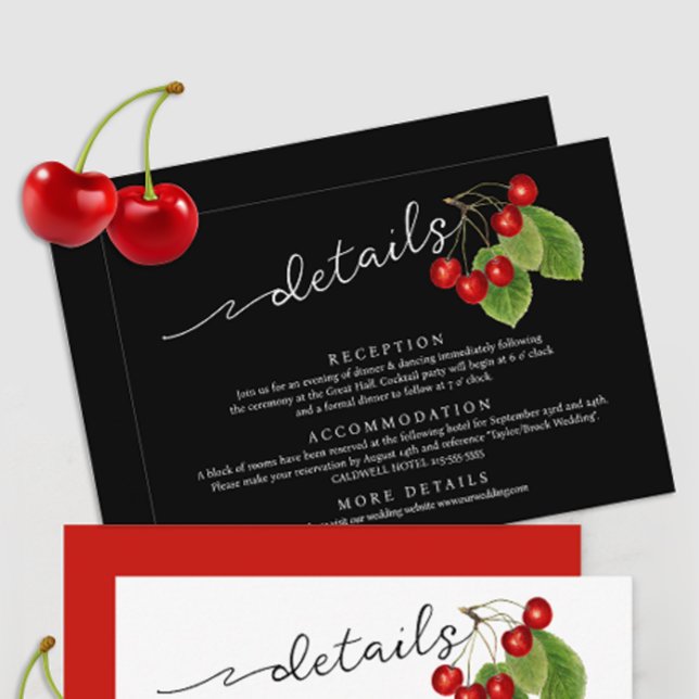Elegant Cherries Black White Red Wedding Details  Enclosure Card (Creator Uploaded)
