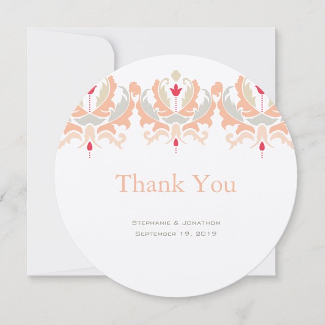 Elegant Cherry and Peach Damask Wedding Thank You Card (Front)