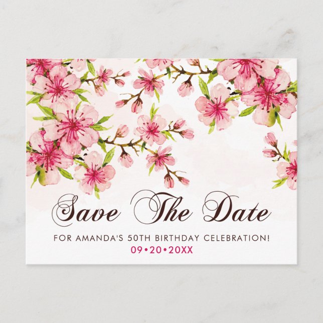 Elegant Cherry Blossom 50th Birthday Save The Date Postcard (Front)