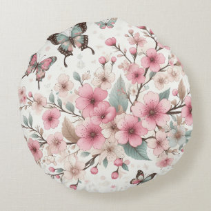 Elegant Cherry Blossom and Butterfly Floral Patter Round Pillow