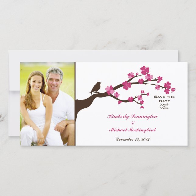 Elegant cherry blossom bird save the date photo (Front)