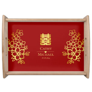 Elegant cherry blossom Chinese wedding floral red Serving Tray