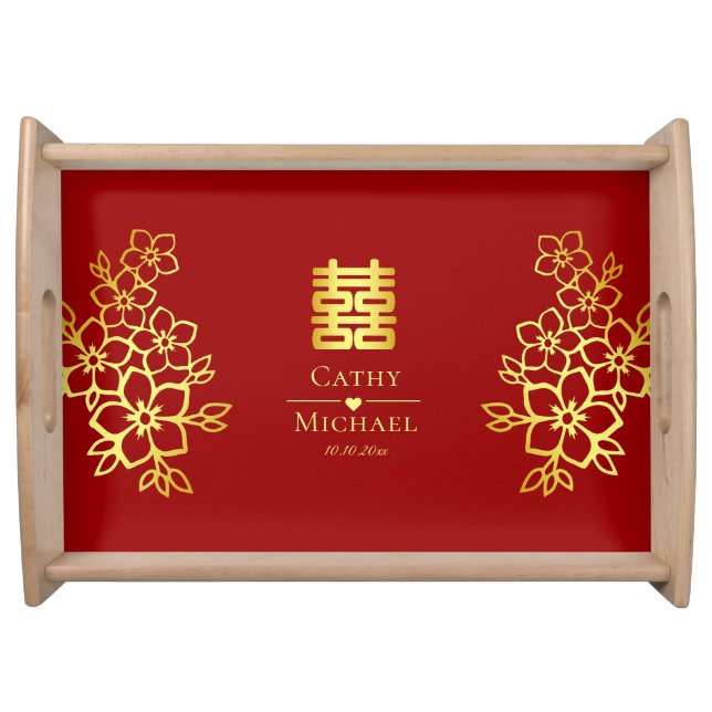 Elegant cherry blossom Chinese wedding floral red Serving Tray (Front)