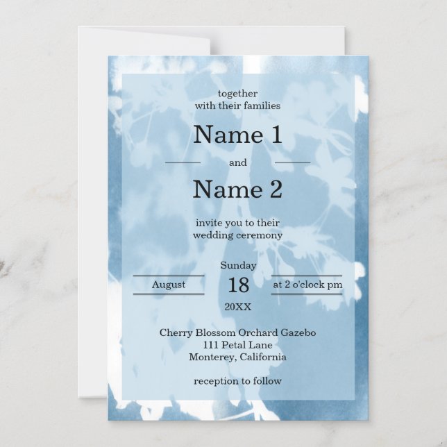 Elegant Cherry Blossom Cyanotype Wedding Invite  (Front)