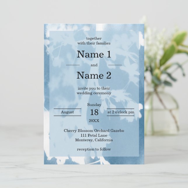 Elegant Cherry Blossom Cyanotype Wedding Invite  (Standing Front)