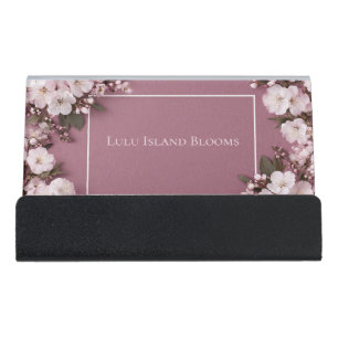 Elegant Cherry Blossom Dusty Rose Desk Business Card Holder