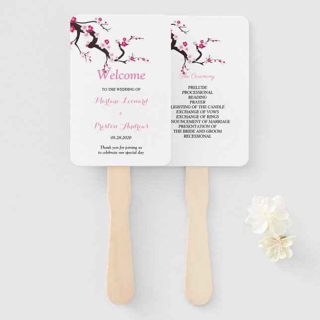 Elegant Cherry Blossom   floral Wedding Program Hand Fan (Front and Back)