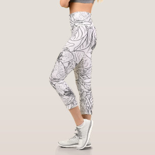 Elegant Cherry Blossom Flowers Black White Botanic Capri Leggings