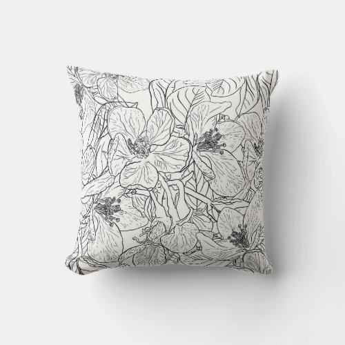 Elegant Cherry Blossom Flowers Black White Botanic Throw Pillow