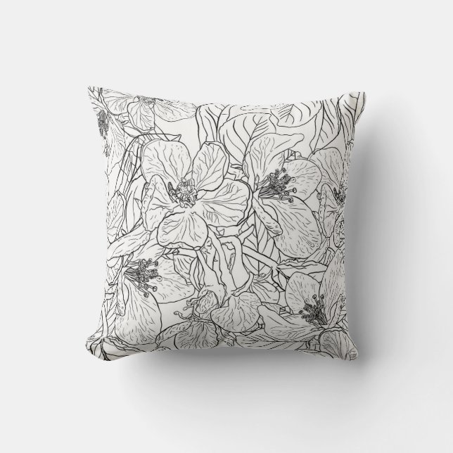Elegant Cherry Blossom Flowers Black White Botanic Throw Pillow (Front)