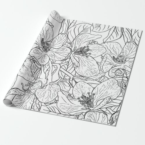 Elegant Cherry Blossom Flowers Black White Botanic Wrapping Paper