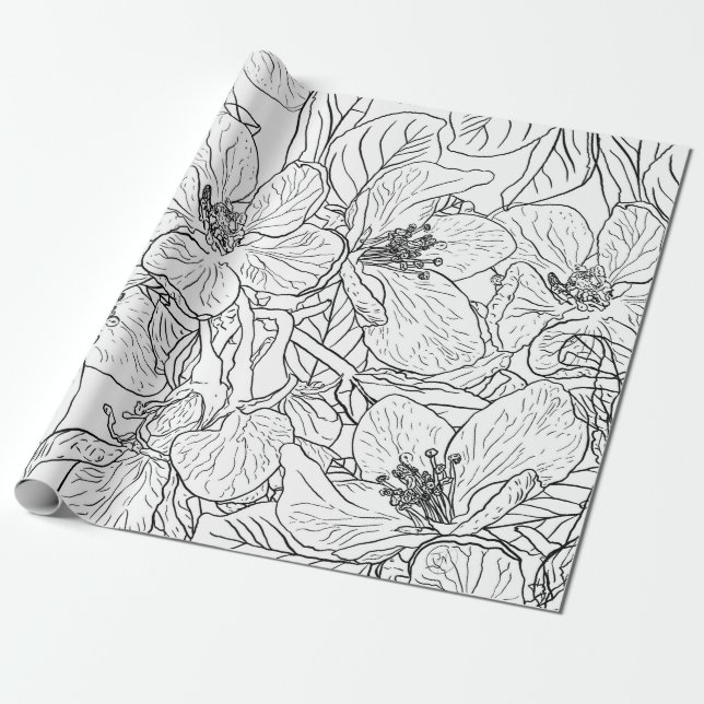 Elegant Cherry Blossom Flowers Black White Botanic Wrapping Paper (Unrolled)
