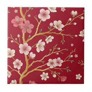 Elegant Cherry Blossom Gold Branch Ceramic Tile