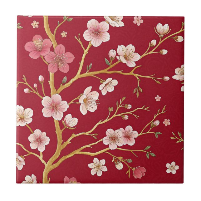 Elegant Cherry Blossom Gold Branch Ceramic Tile (Front)