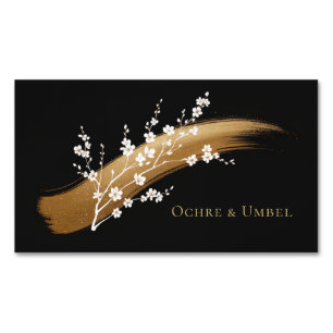 Elegant Cherry Blossom Gold Brushstroke Black Business Card Magnet