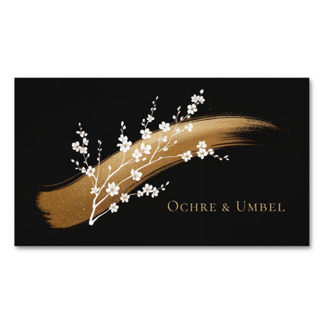 Elegant Cherry Blossom Gold Brushstroke Black Business Card Magnet (Front)