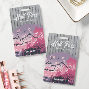 Elegant Cherry Blossom Hall Pass Customizable Badge