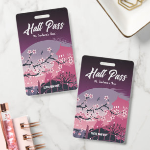 Elegant Cherry Blossom Hall Pass Customizable Badge