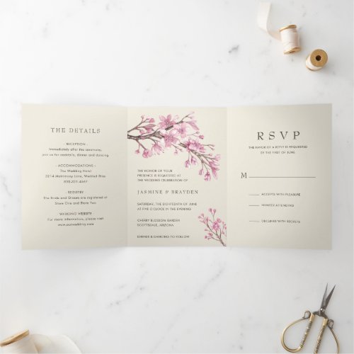 Elegant Cherry Blossom Pink Floral Wedding Tri_Fold Invitation