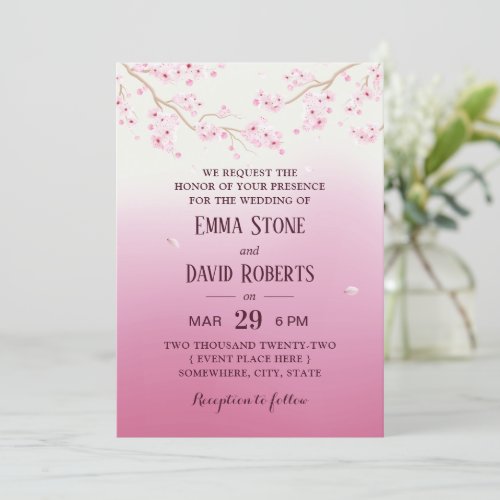 Elegant Cherry Blossom Pink Ombre Floral Wedding Invitation