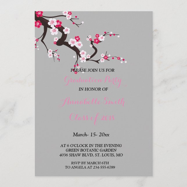 Elegant Cherry Blossom Pink White Graduation Party Invitation (Front)