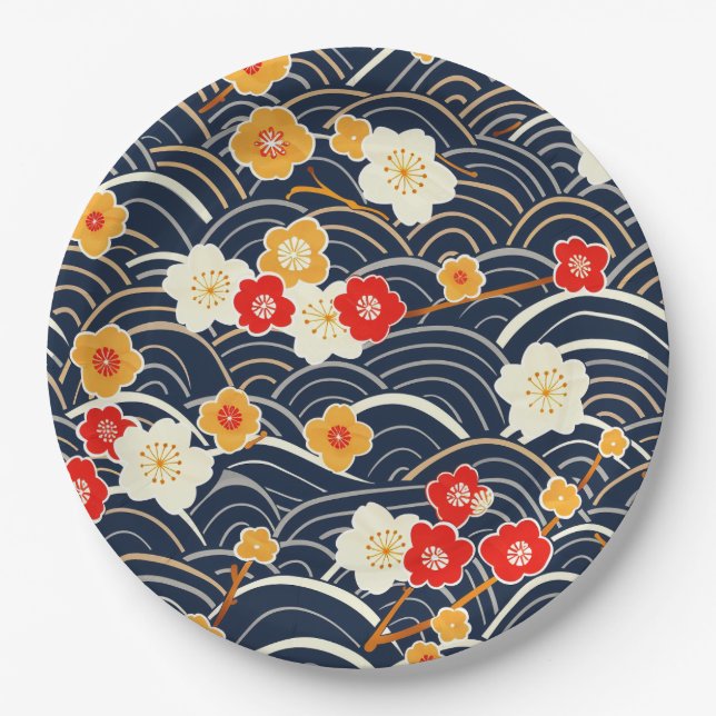 Elegant Cherry Blossom Seamless Pattern (12) Paper Plates (Front)