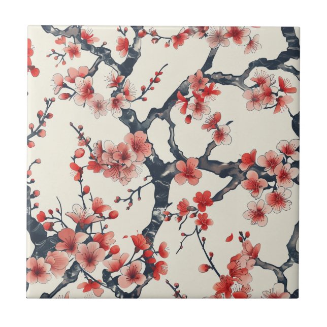 Elegant Cherry Blossom Seamless Pattern (13) Ceramic Tile (Front)