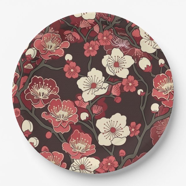 Elegant Cherry Blossom Seamless Pattern (16) Paper Plates (Front)